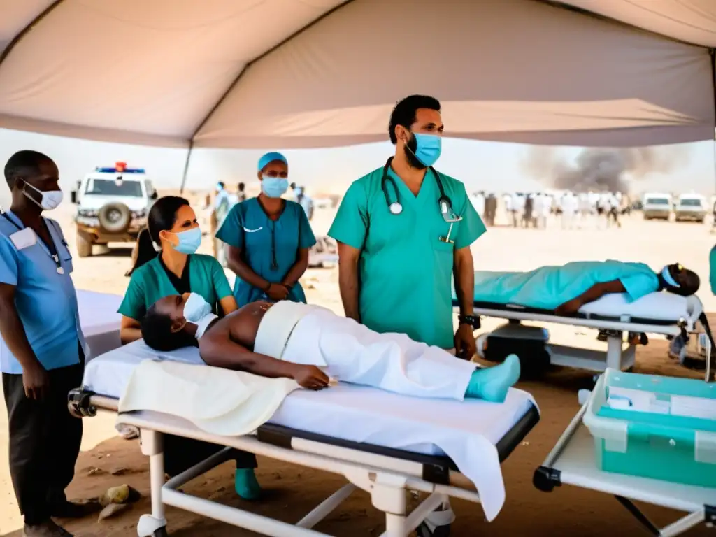 Equipo médico brinda atención de emergencia en zona de conflicto, demostrando respeto por los derechos de salud en zonas de conflicto