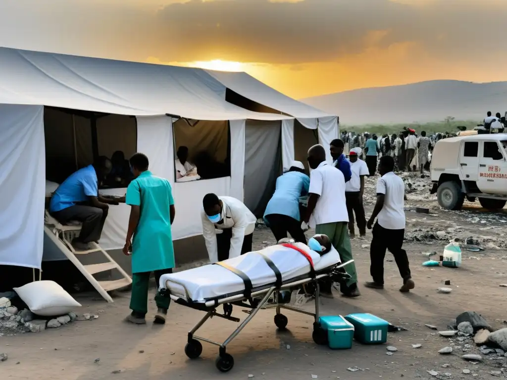 Equipo médico brinda ayuda en clínica improvisada en zona de conflicto, destacando el respeto a los derechos de salud en situaciones críticas