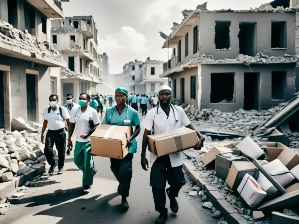 Un equipo médico atraviesa una calle devastada por la guerra, demostrando determinación y compasión