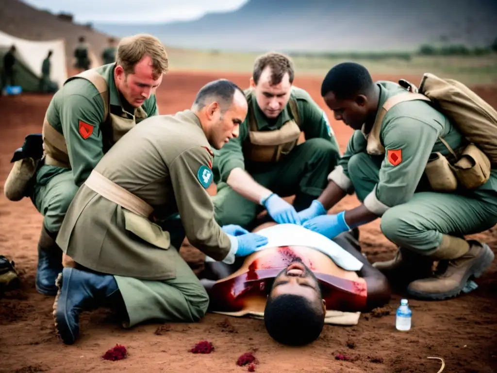 Equipo médico en campo de batalla tratando a combatiente herido