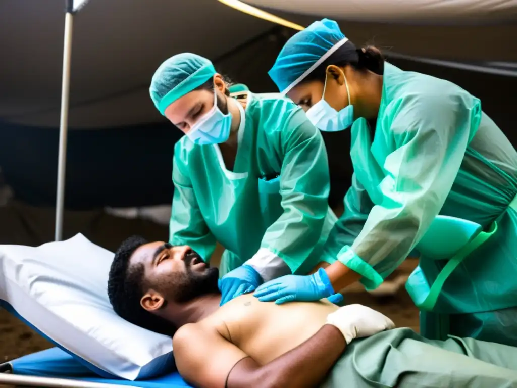 Equipo médico trata a combatientes heridos en hospital de campaña, reflejando la ética médica en zonas de conflicto