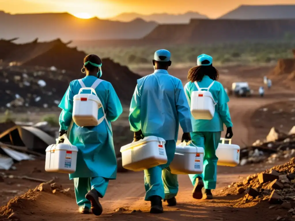 Equipo médico supera desafíos logísticos para vacunar en zonas de conflicto, mostrando determinación y esperanza al atardecer