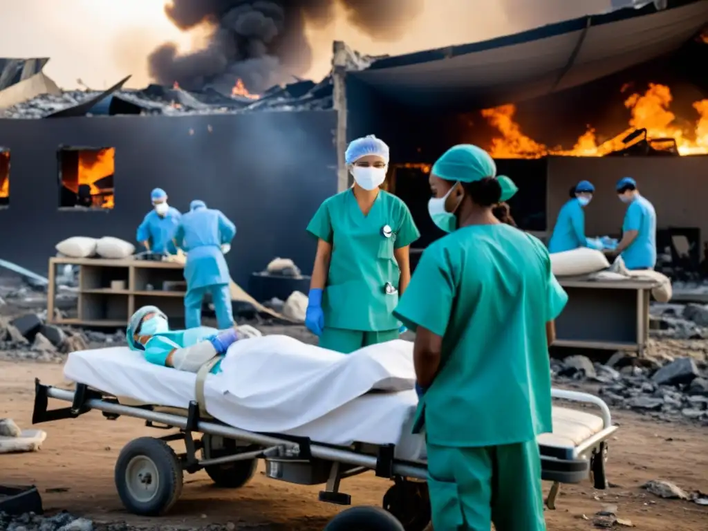 Equipo médico heroico en zona de guerra atiende a heridos Equipo médico atiende heridos en zona de guerra, médicos en zonas de guerra