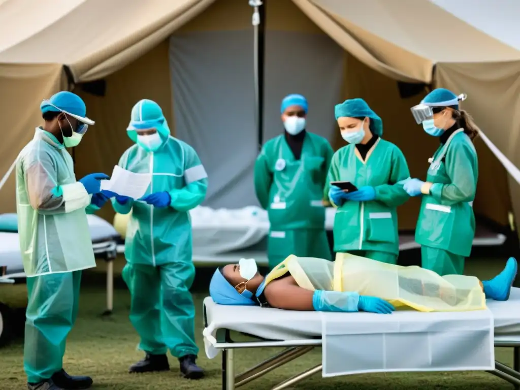 Un equipo médico internacional en un hospital de campaña tratando pacientes en zonas de guerra, con mapas y equipos médicos de fondo