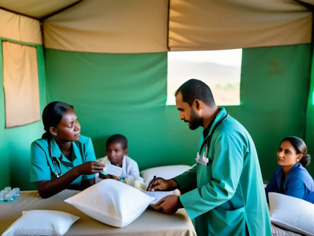 Equipo médico brinda medicamentos en zona de conflicto, destacando la necesidad de acceso a medicamentos en conflictos armados