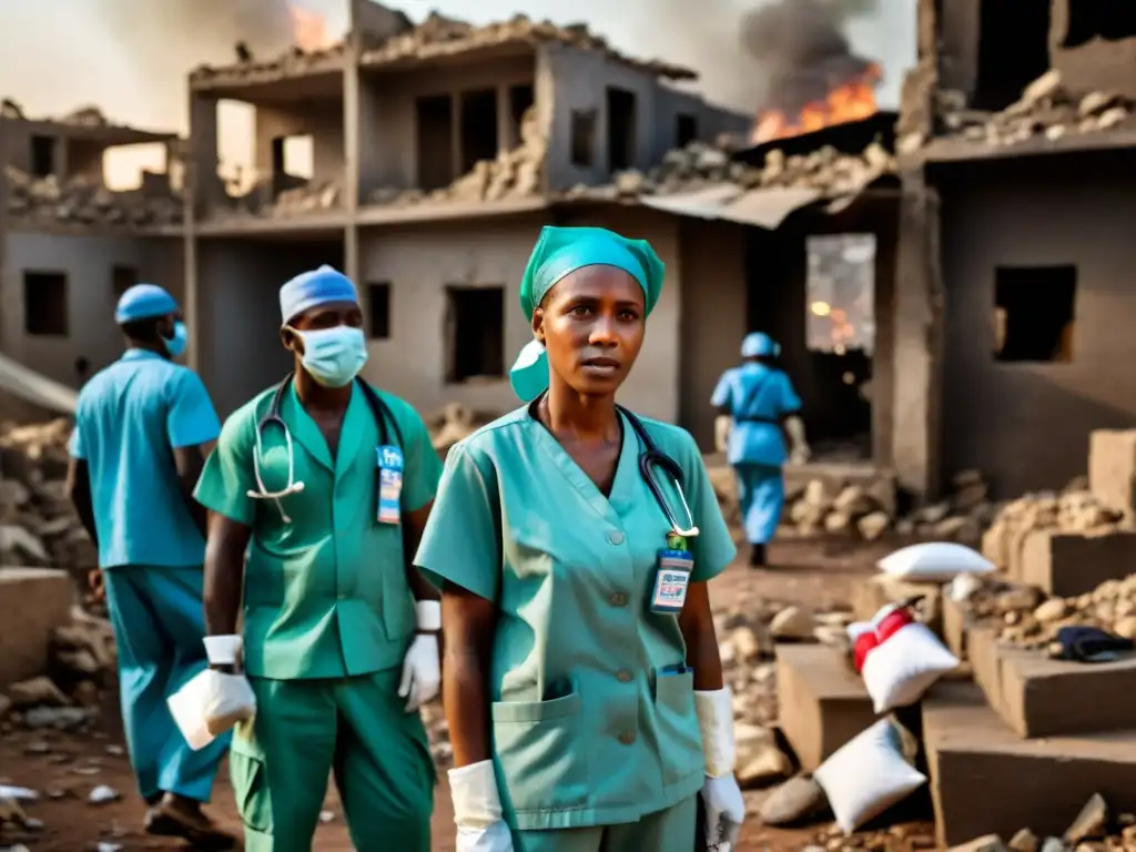 Equipo médico distribuyendo medicamentos en zona de conflicto, mostrando determinación