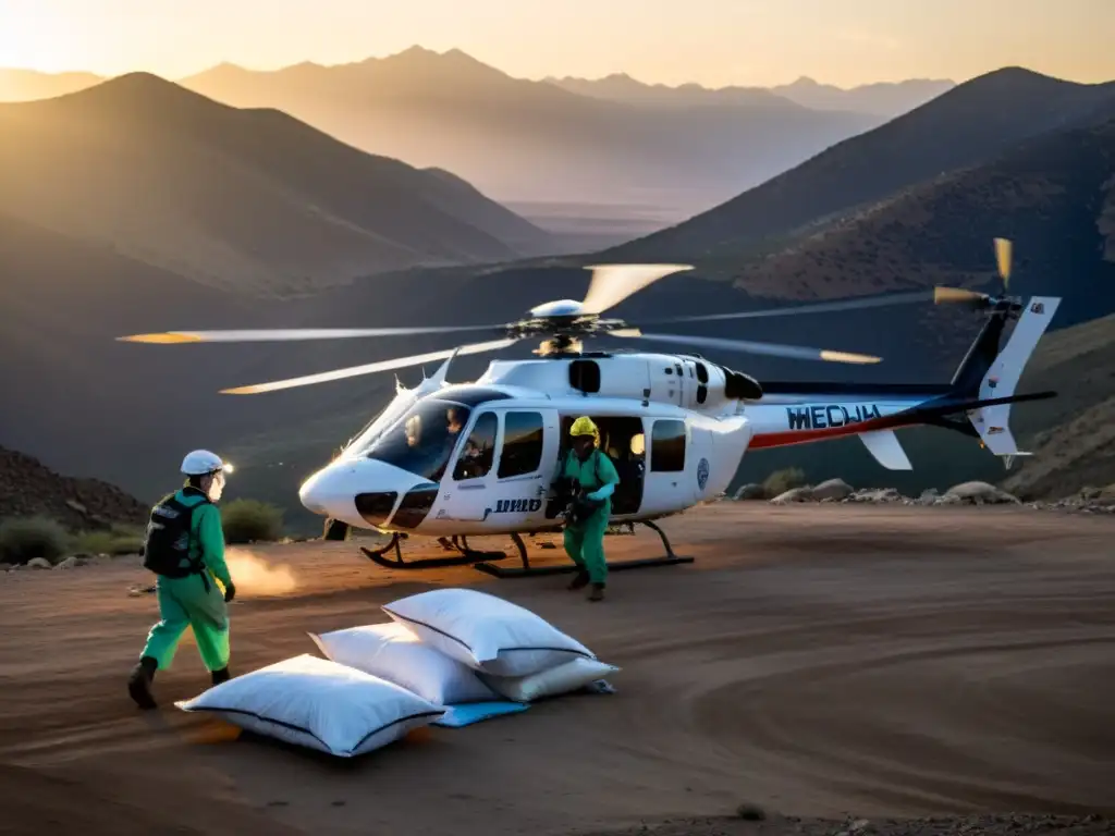 Equipo médico descarga suministros de helicóptero al atardecer en zona remota montañosa