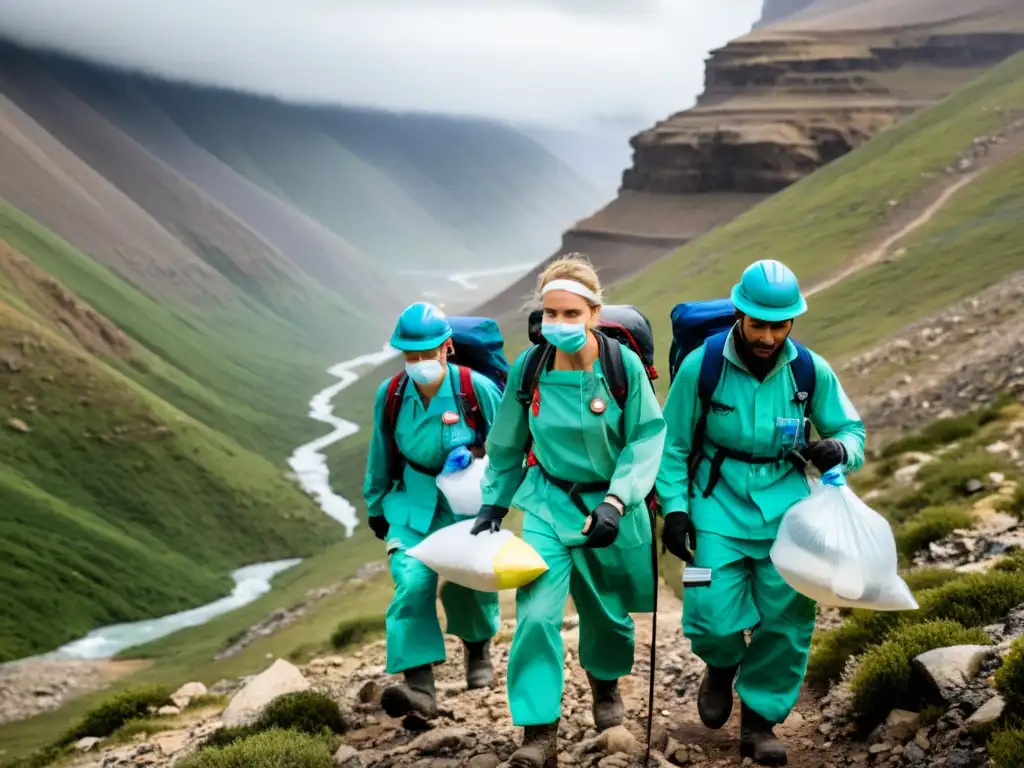 Un equipo médico llevando suministros en terreno montañoso