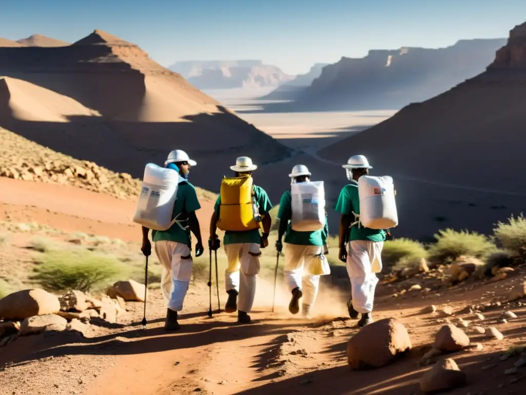 Un equipo médico lleva suministros en terreno árido, desafiando las duras condiciones para brindar atención médica en zonas hostiles