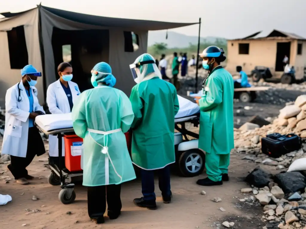 Equipo médico usando telemedicina para ayudar a heridos en zona de guerra