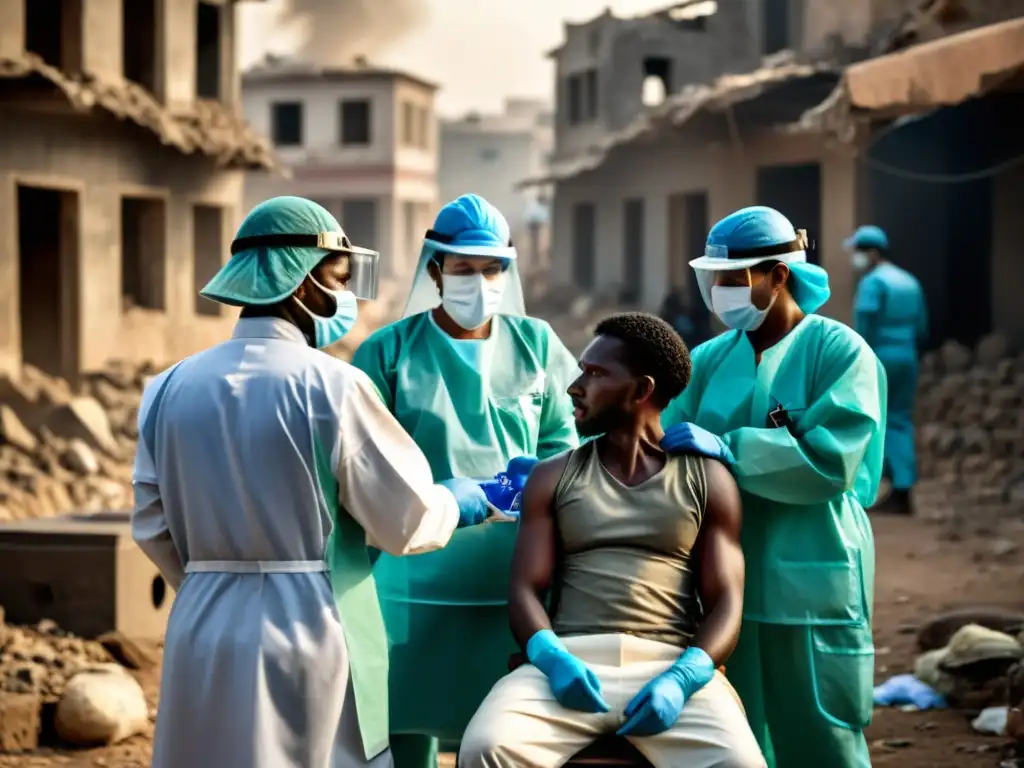 Equipo médico en zona de guerra vacunando a civiles, con esperanza y estrategias de prevención de enfermedades contagiosas