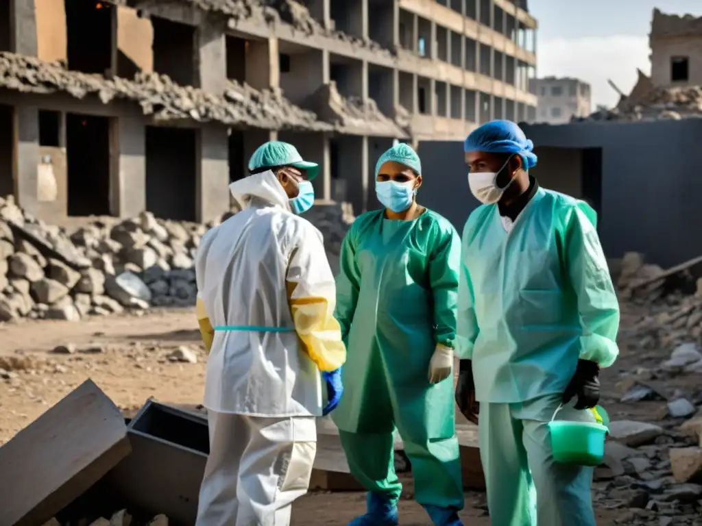 Equipo médico vacunando en zona de guerra, estrategias prevención enfermedades contagiosas guerra