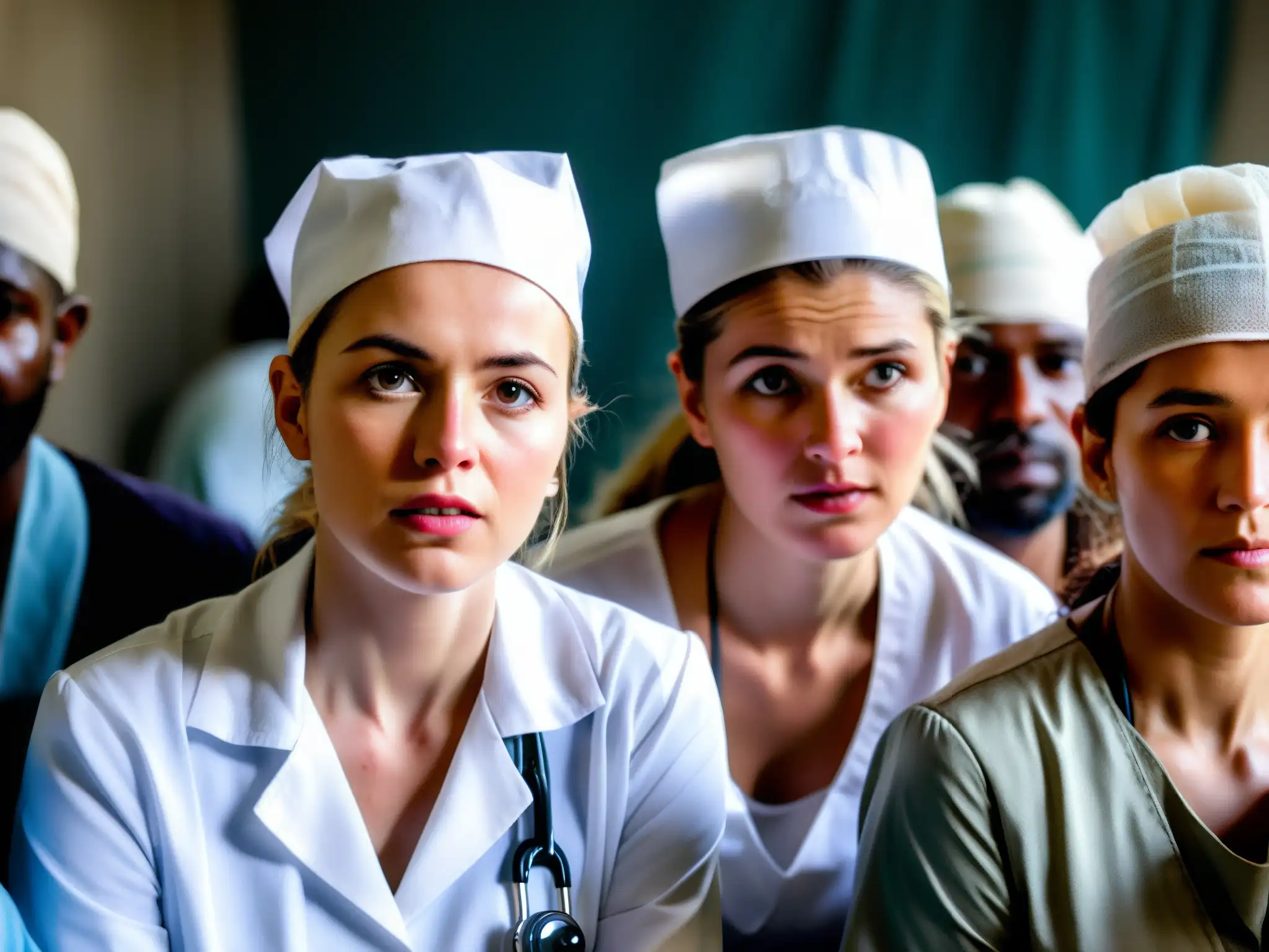 Valientes médicos y enfermeras brindan atención en zona de guerra Un equipo de médicos y enfermeras en una instalación médica improvisada en una zona de guerra, mostrando determinación y agotamiento mientras atienden a pacientes