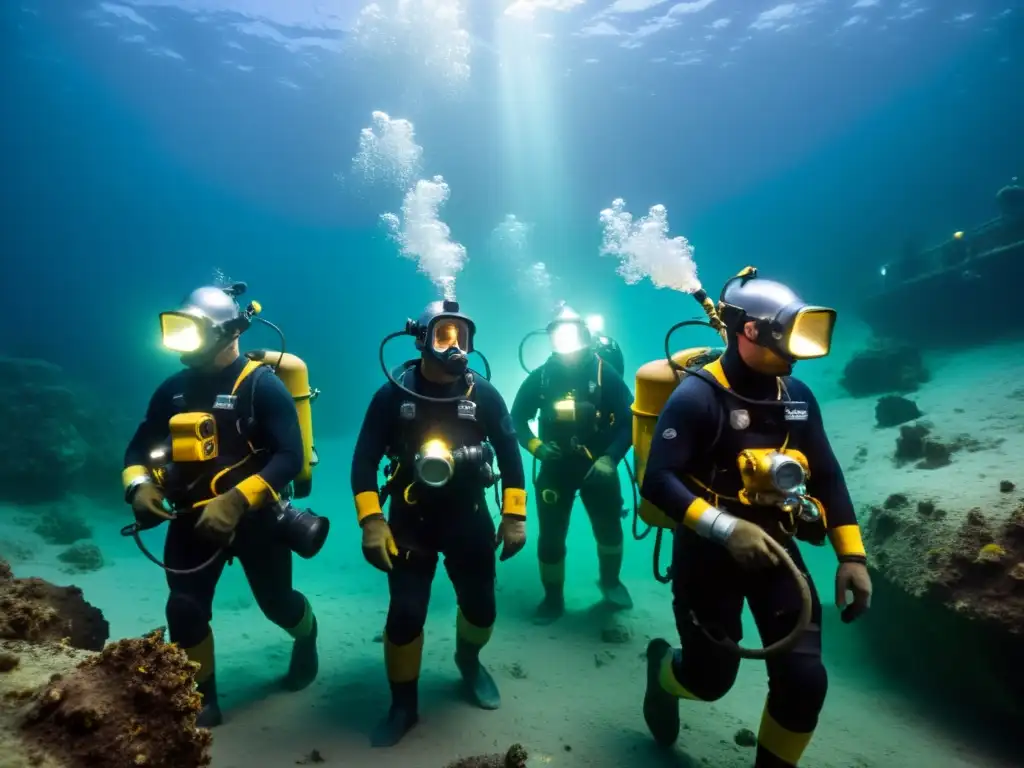 Un equipo de mineros submarinos iluminados por sus antorchas, extrayendo minerales en el lecho marino