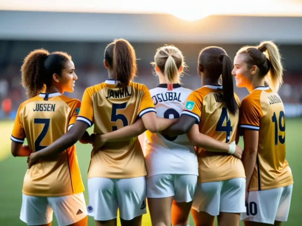 Equipo de mujeres atletas unidas en el campo de fútbol al atardecer, desafiando la discriminación y sexismo en la industria deportiva femenina