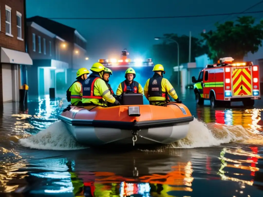 Equipo de rescate en acción durante inundación urbana