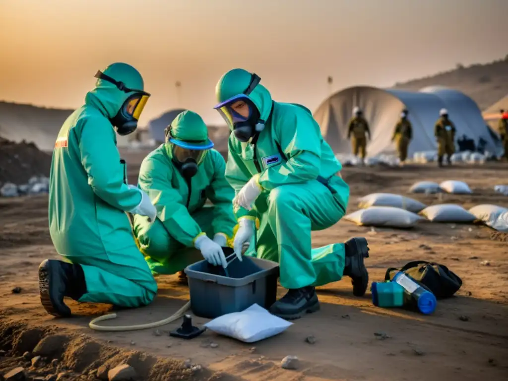 Equipo de respuesta con trajes de protección en sitio de ataque químico