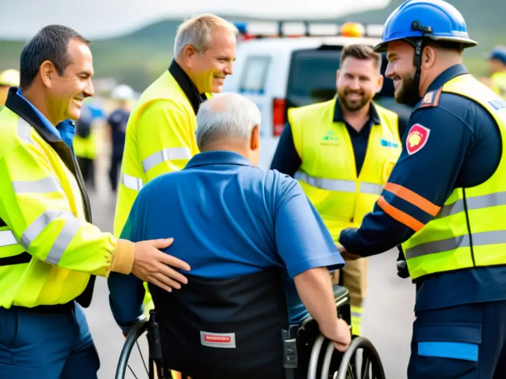 Un equipo de socorristas brinda apoyo a una persona con discapacidad durante una operación de ayuda en emergencias