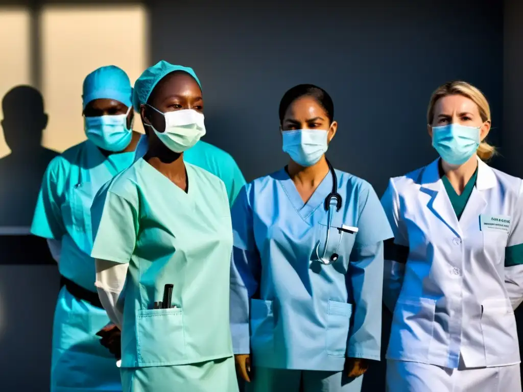 Equipo de trabajadores de la salud agotados en PPE, mostrando determinación y agotamiento