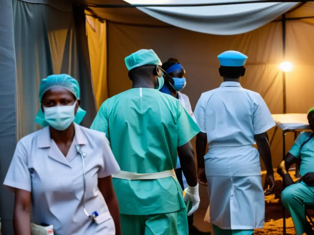 Un equipo de trabajadores de la salud con equipo de protección en una clínica improvisada en una zona de conflicto