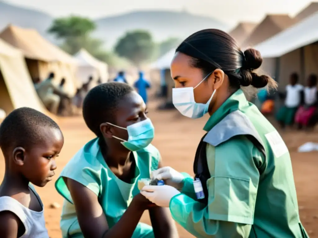 Un equipo de trabajadores de la salud en una zona de conflicto, administrando vacunas a niños en una clínica improvisada