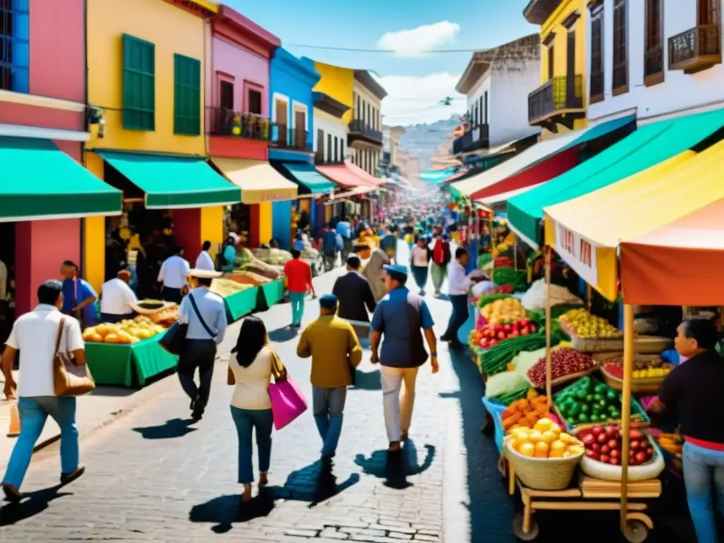 Escena bulliciosa en una ciudad latinoamericana, con coloridos puestos de mercado y diversidad de comerciantes y clientes