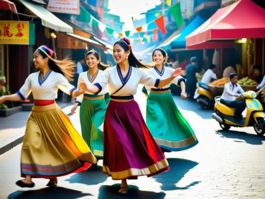 Escena callejera vibrante y diversa, reflejando el impacto de la globalización en la diversidad cultural a través de bailes, música y cocina tradicional