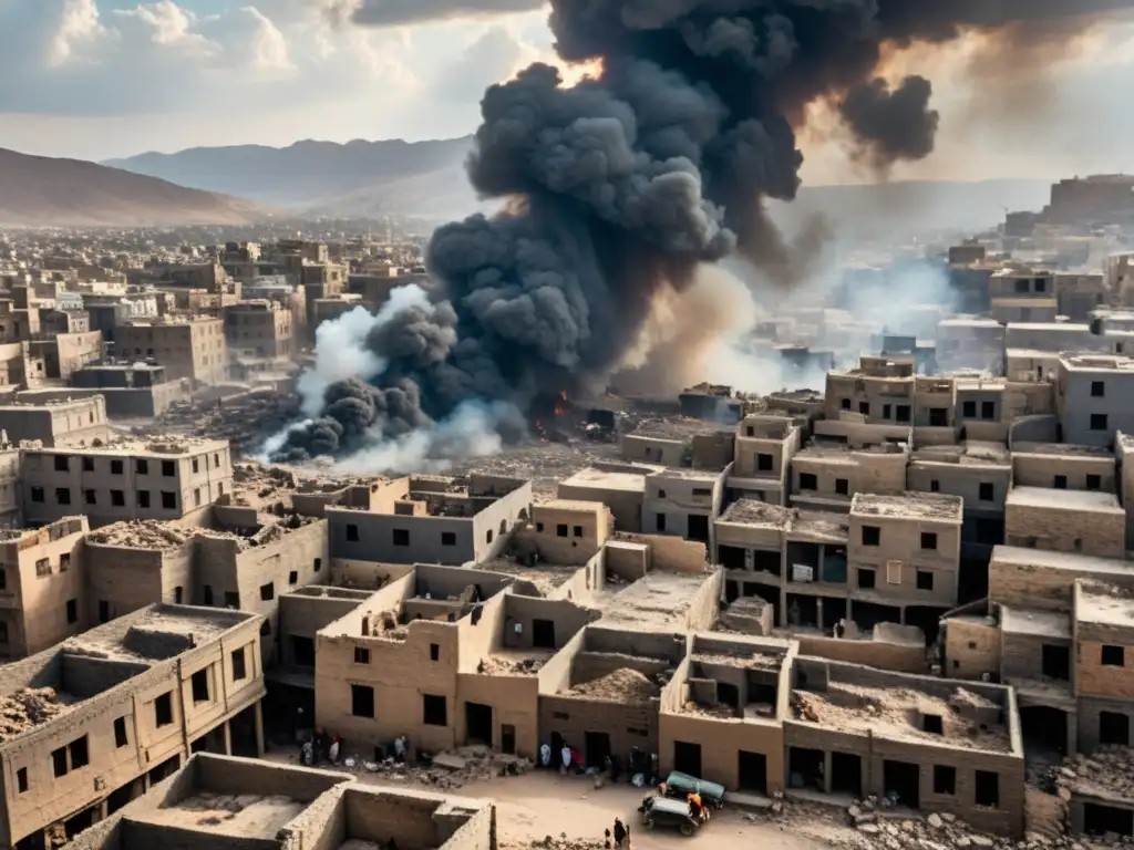 Escena desgarradora de la ciudad de Sana'a en Yemen, con edificios en ruinas, humo y personas entre escombros