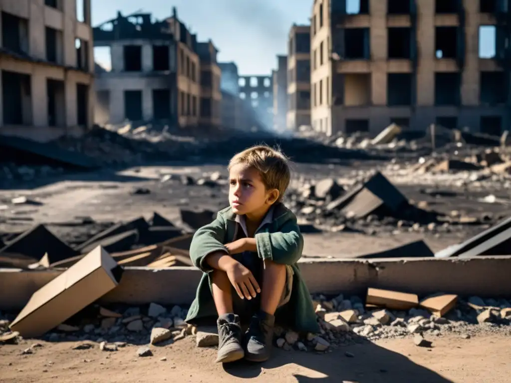 Escena desgarradora de un paisaje urbano devastado por la guerra, donde un niño se encuentra asustado y vulnerable