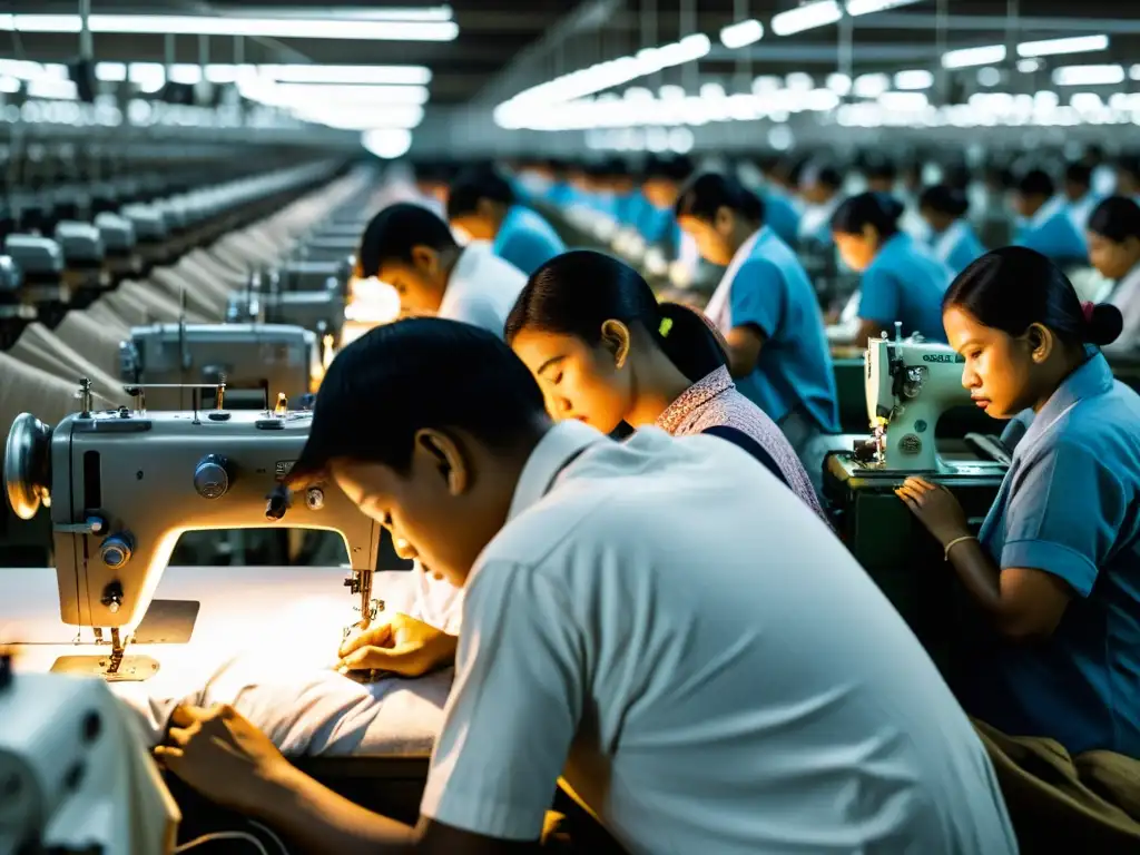 Escena desgarradora de trabajadores agotados en fábrica textil, reflejando la explotación laboral en la industria textil global