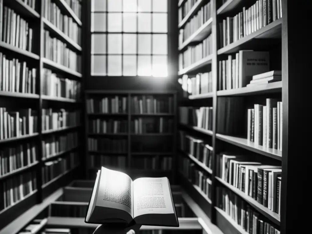 Escena de una habitación oscura con estantes llenos de libros prohibidos, iluminada por una tenue luz que entra por una pequeña ventana con rejas