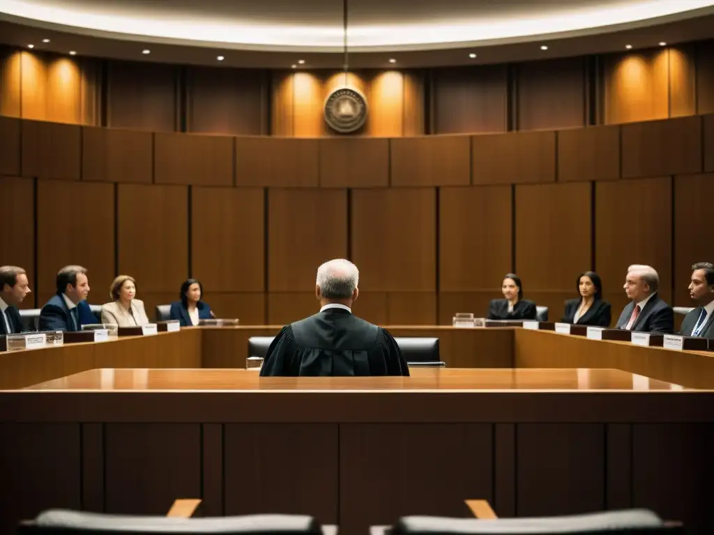 Una escena tensa en el tribunal con periodistas, abogados y un juez presidiendo un juicio