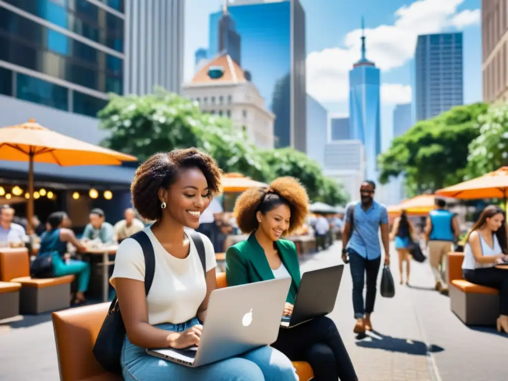 Una escena urbana bulliciosa con freelancers digitales trabajando en cafés al aire libre, reflejando la energía vibrante de la economía gig