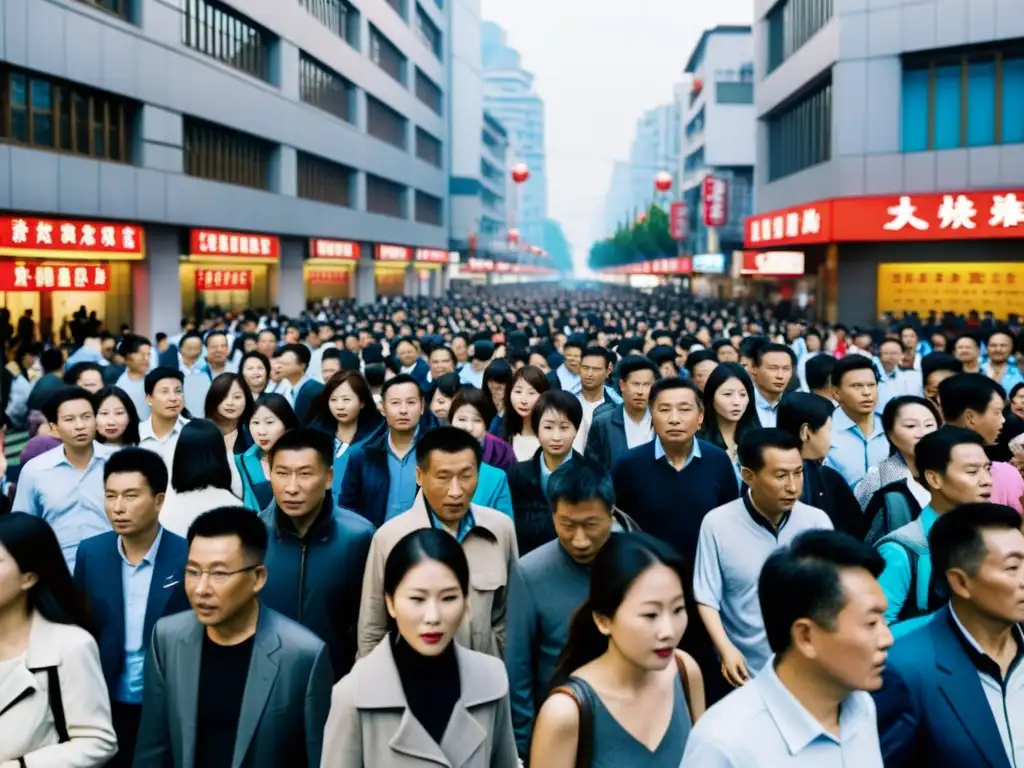 Escena urbana en China con cámaras de vigilancia en cada esquina, reflejando el impacto de la tecnología represiva en la sociedad china