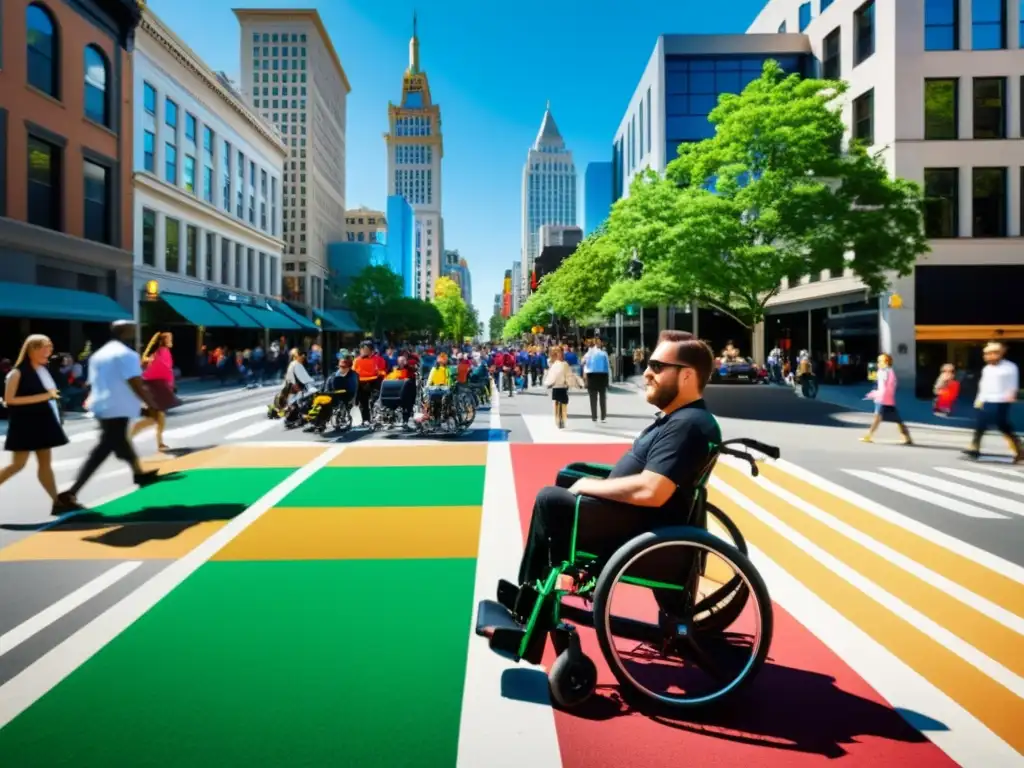 Escena urbana inclusiva con diseño universal para derechos humanos: personas cruzando rampa accesible en una bulliciosa calle de la ciudad