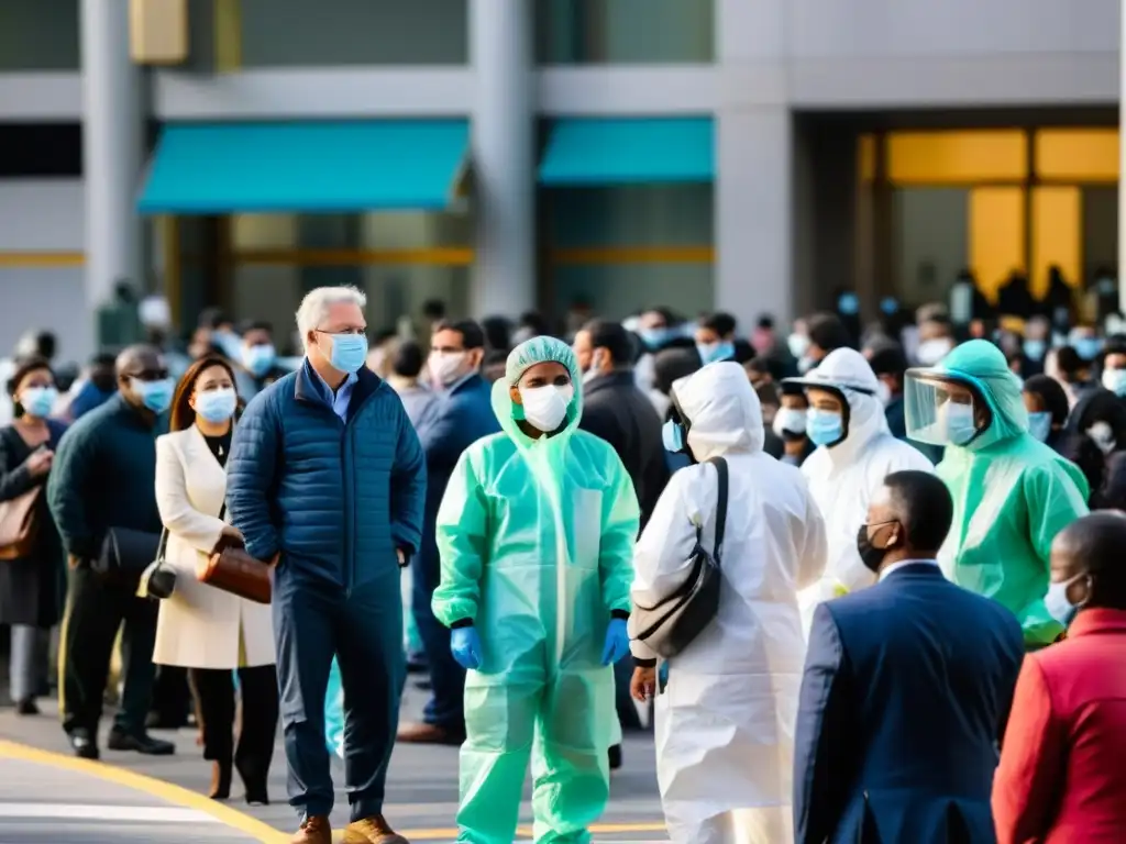 Escena urbana con multitudes usando mascarillas y esperando afuera de un edificio gubernamental