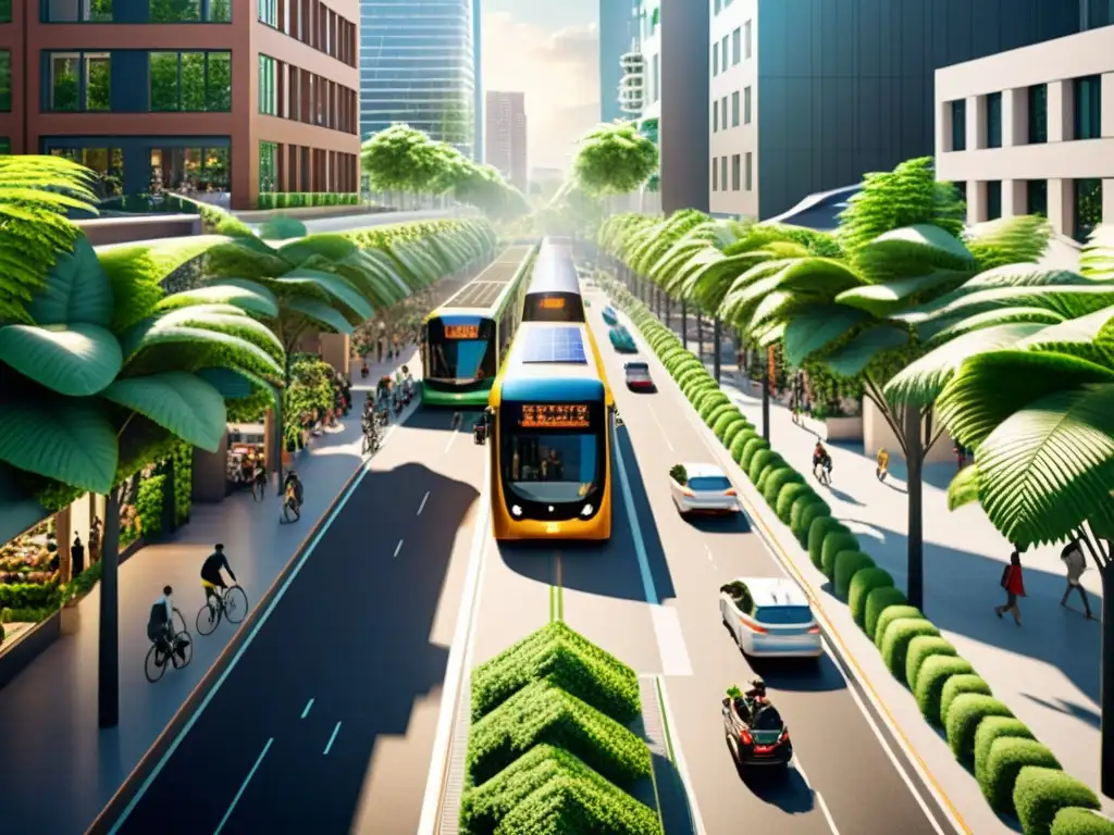 Escena urbana sostenible: ciudad bulliciosa con diseño ecofriendly, paneles solares, buses eléctricos y vegetación