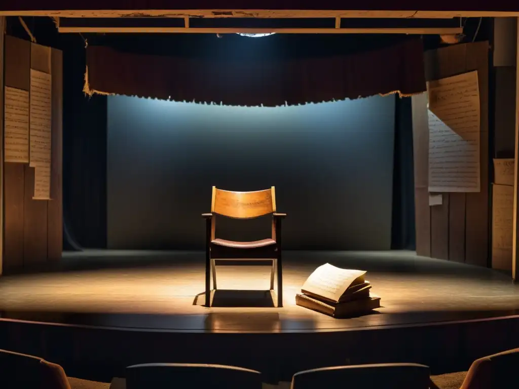 Escenario teatral iluminado por un foco, con silla vacía y objetos abandonados, evocando la resistencia de la dramaturgia ante dictaduras sudamericanas