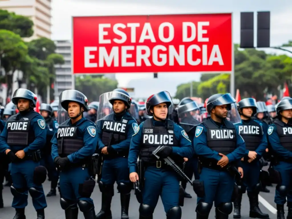 Un escenario tenso en la ciudad durante una emergencia, con policías y manifestantes