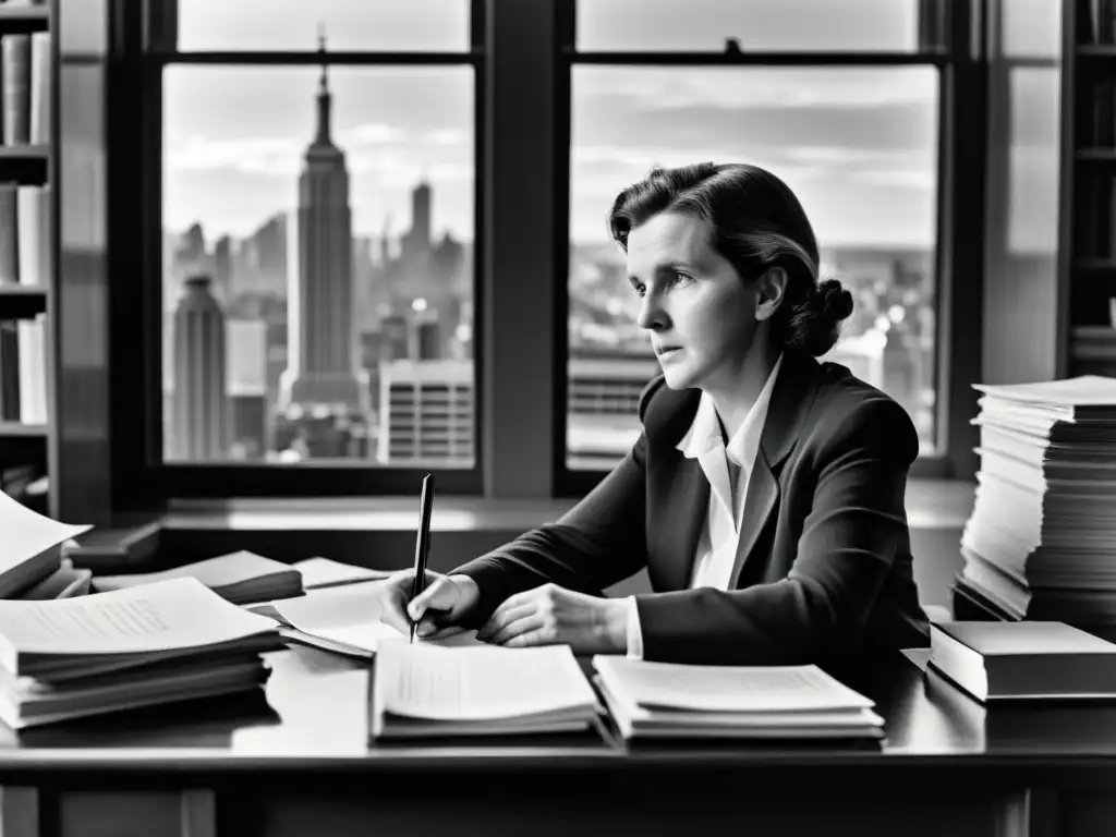 Rachel Carson, en su escritorio rodeada de papeles y libros, escribe con determinación, contrastando con la ciudad