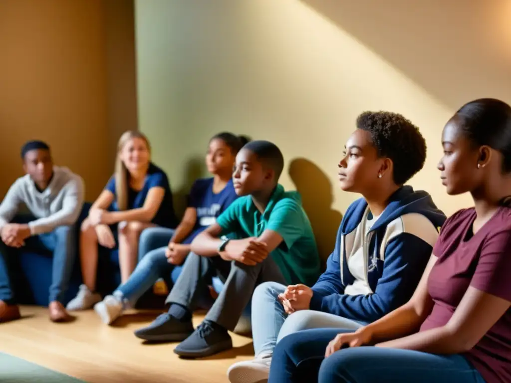 Un espacio cálido y acogedor donde jóvenes participan en una sesión de apoyo a la salud mental