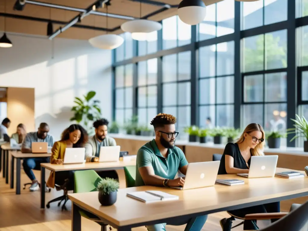 Un espacio de coworking con freelancers digitales trabajando en sus proyectos, destacando la independencia y colaboración