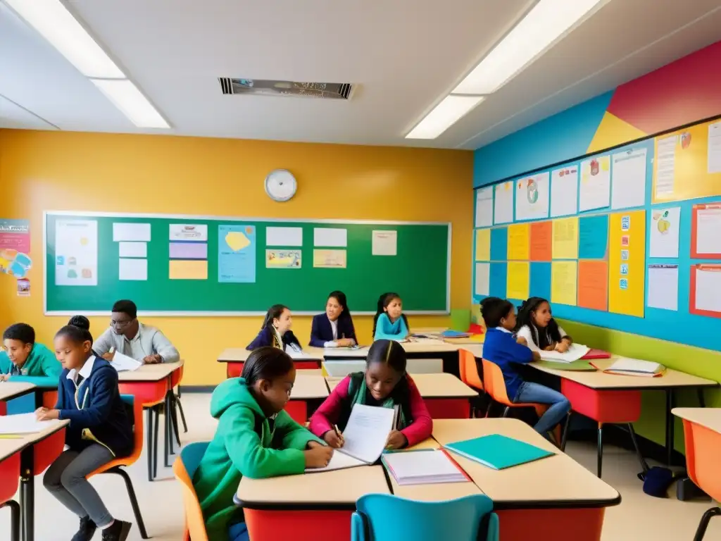 Espacios de aprendizaje en caos: Aula bulliciosa con estudiantes participando en diversas actividades de aprendizaje, en medio de un ambiente animado y lleno de energía para el aprendizaje