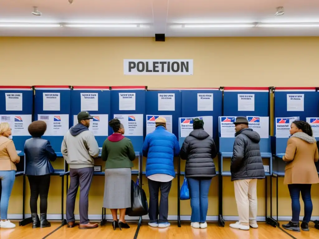 Una estación de votación bulliciosa con votantes en fila, funcionarios electorales asistiendo, y carteles de campaña en las paredes