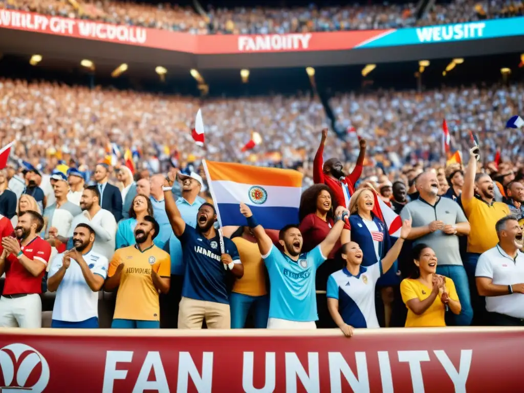Estadio lleno de aficionados diversos ondeando banderas, reflejando la unidad y diversidad en el deporte