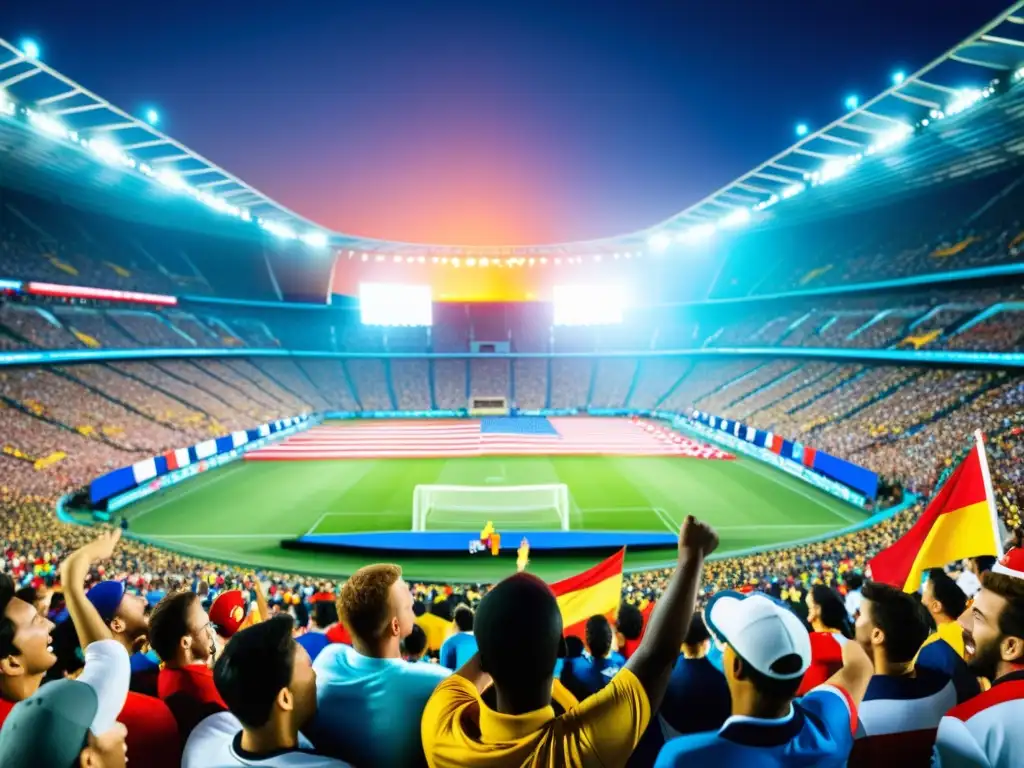 Un estadio lleno de aficionados internacionales, ondeando banderas y luciendo los colores de sus países, en un evento deportivo emocionante y vibrante