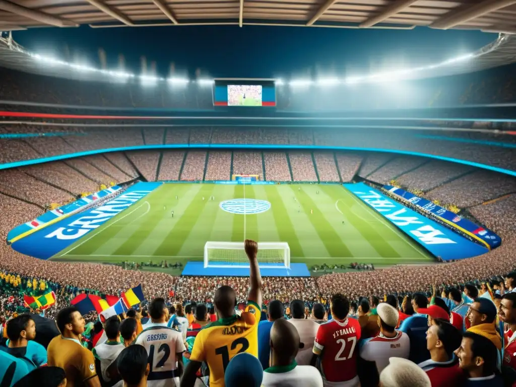 Estadio lleno de aficionados de todo el mundo, ondeando banderas y apoyando a sus equipos