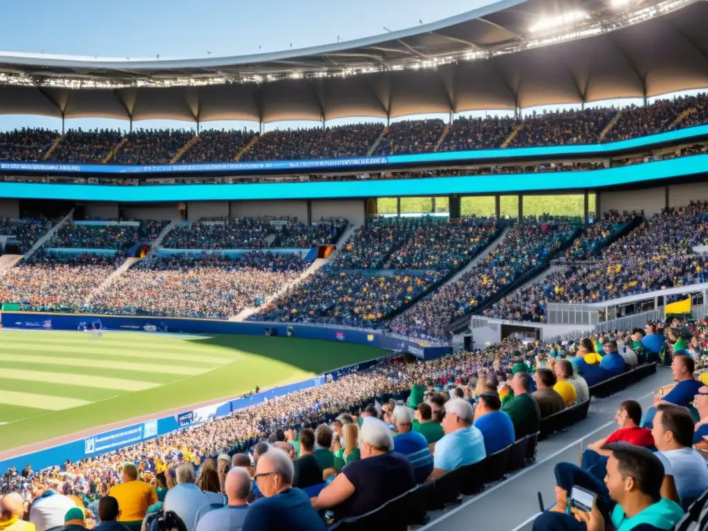 Estadio lleno durante un evento deportivo, con rampas de accesibilidad y asientos designados para personas con discapacidad