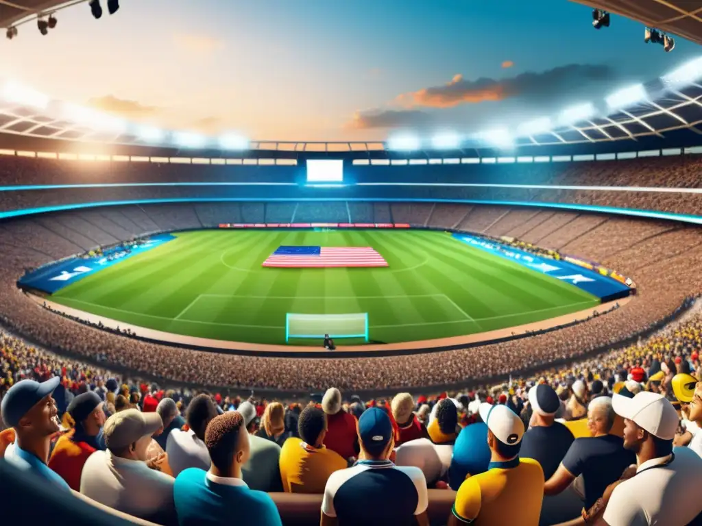 Estadio lleno durante evento deportivo, con multitud diversa, banderas y atletas compitiendo, mostrando el impacto global del deporte