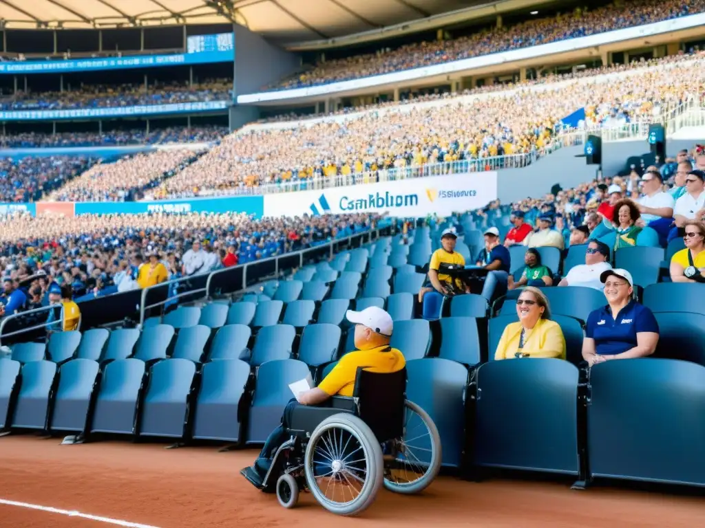 Estadio lleno de fans de todas las capacidades disfrutando juntos del evento deportivo, destacando la accesibilidad para todos